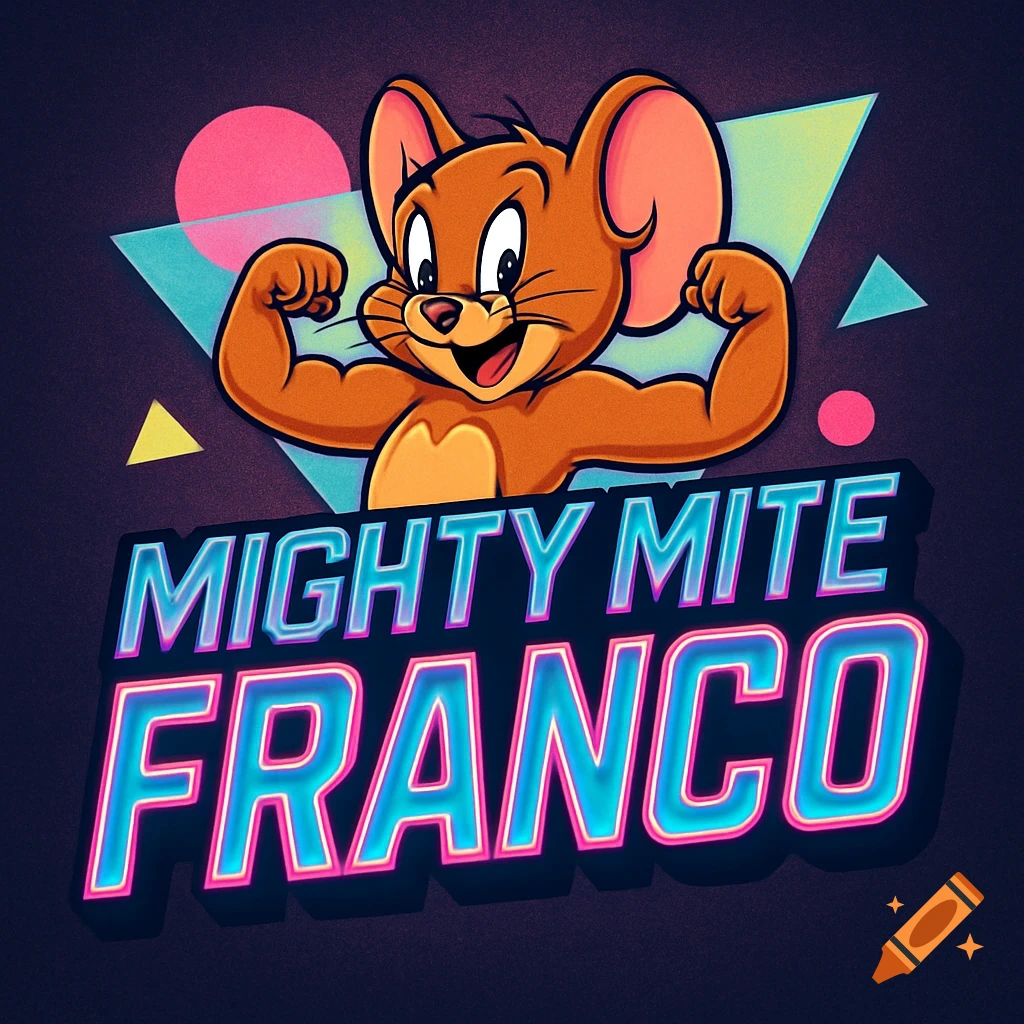 Jerry the mouse flexing muscles above neon text 'MIGHTY MITE FRANCO' in an 80s style logo with geometric shapes.