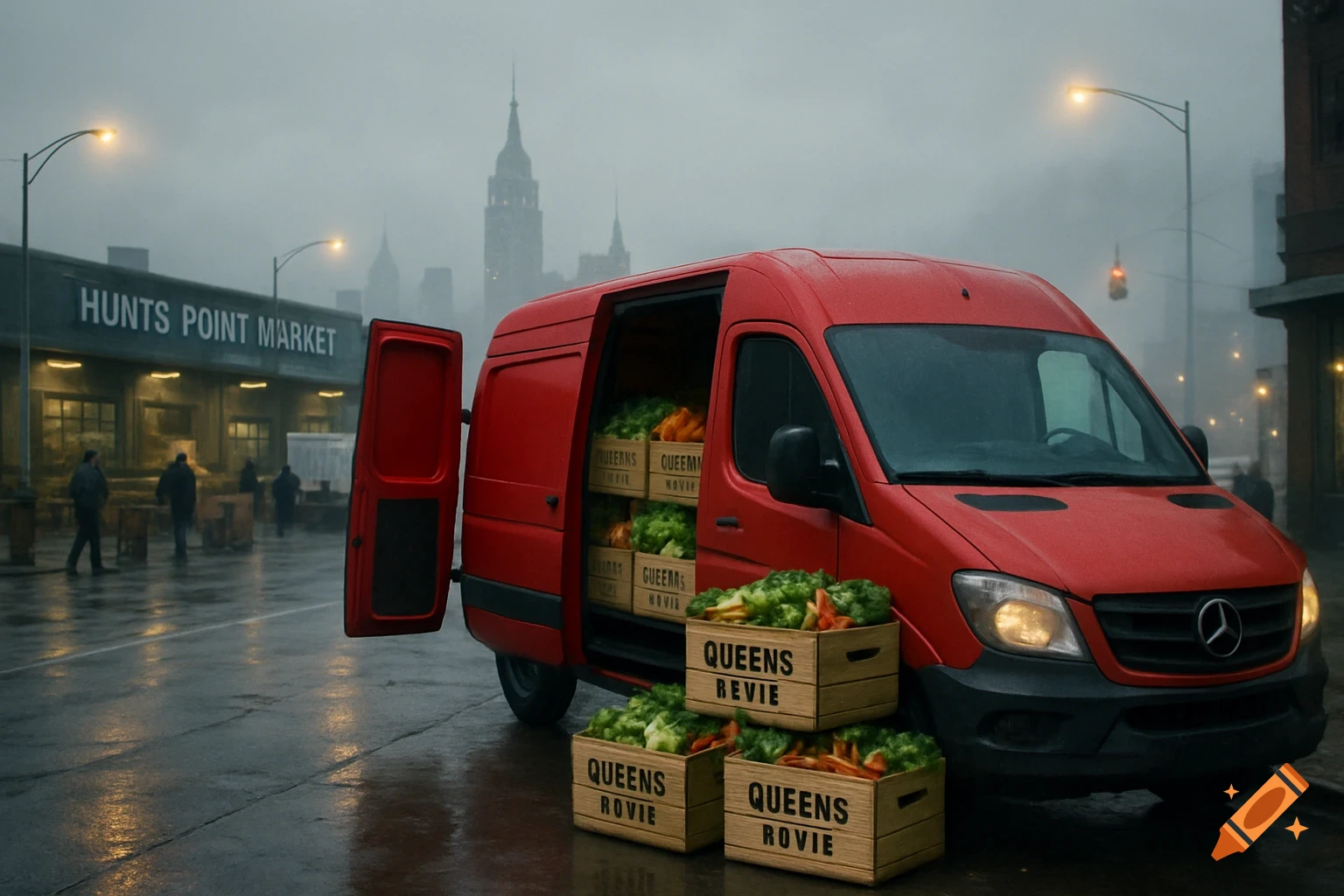 Red delivery van filled with vegetable crates parked on a wet street outside Hunts Point Market in a foggy city.