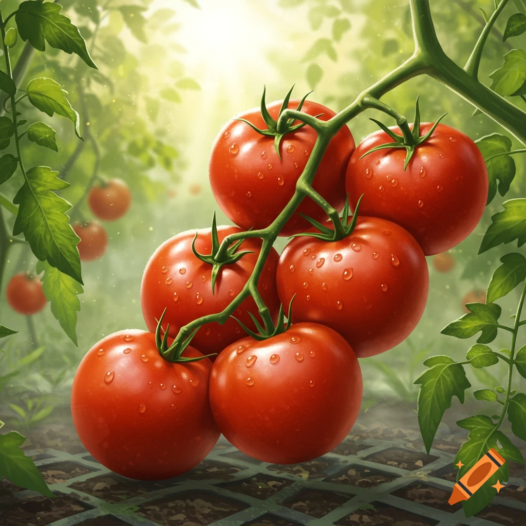 Ripe red tomatoes with water droplets on a vine in a sunny garden, photorealistic style.