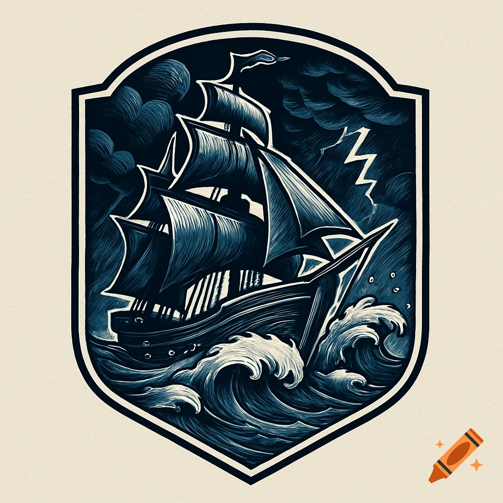 A monochrome illustration of a sailing ship battling large waves and a stormy sky, enclosed in a shield-like frame.