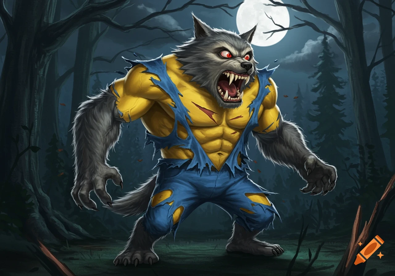 A fierce, muscular werewolf with grey fur and red eyes roars as its yellow shirt and blue overalls rip, standing in a dark forest under a full moon.