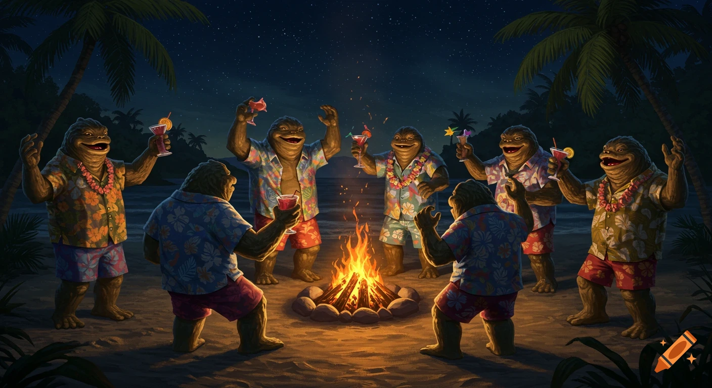 Swampy humanoid creatures in colorful Hawaiian shirts dance around a bonfire on a tropical beach at night.