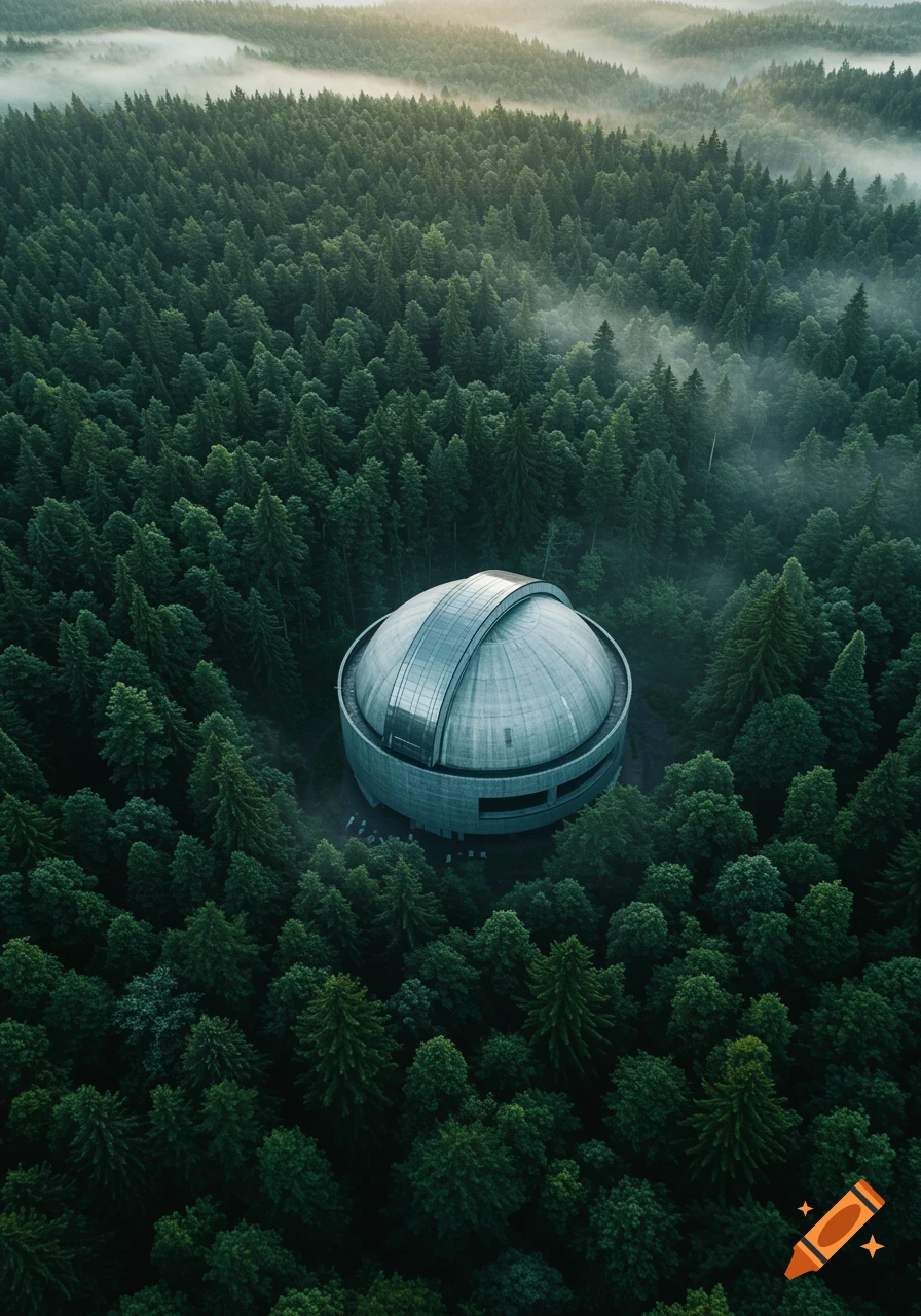 Aerial view of a large concrete observatory dome surrounded by a dense, misty forest at sunrise.