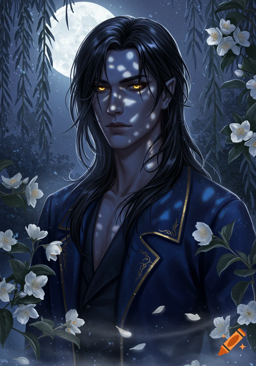 A handsome man with long black hair and glowing golden eyes stands under a full moon, surrounded by white jasmine flowers.