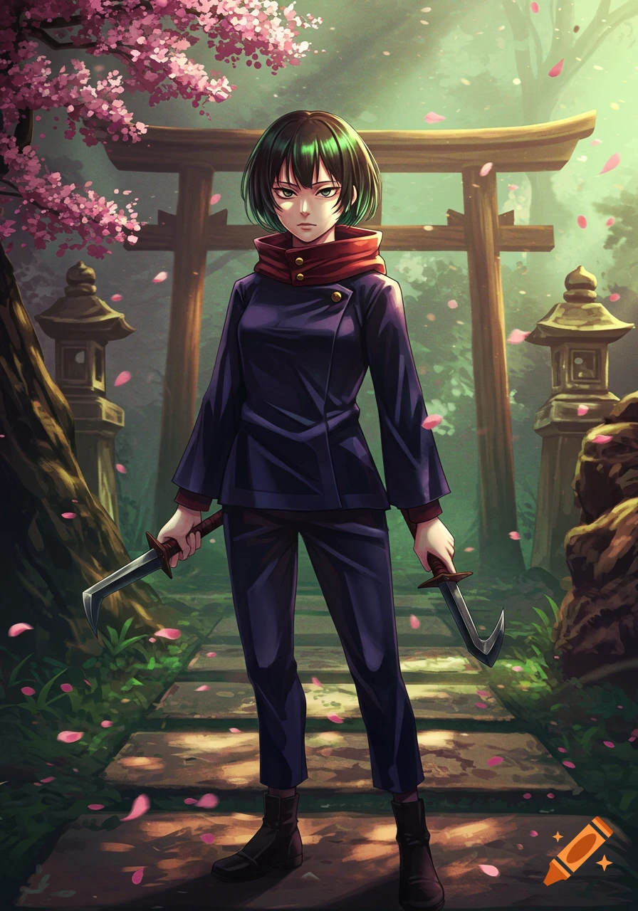 Anime character with short dark hair in a dark uniform and red scarf, holding two daggers, on a path with cherry blossoms and a torii gate.