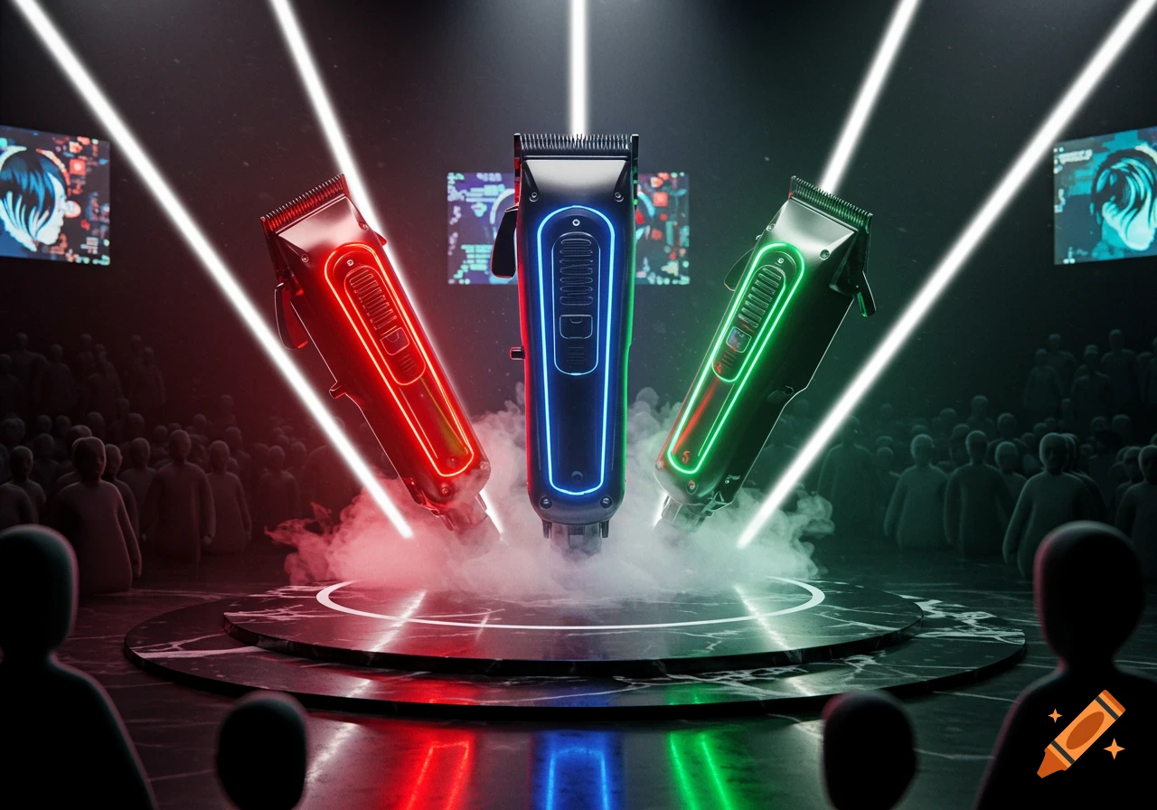 Three neon-lit hair clippers on a smoky stage under bright spotlights, with a silhouetted audience watching.