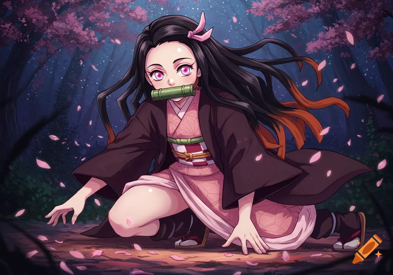 Anime character Nezuko in a dark forest with cherry blossoms falling, wearing a kimono and bamboo muzzle, crouching on the ground.