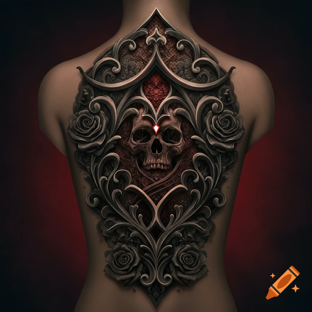 A person's back with a large, ornate Gothic tattoo featuring a skull, roses, and intricate patterns.