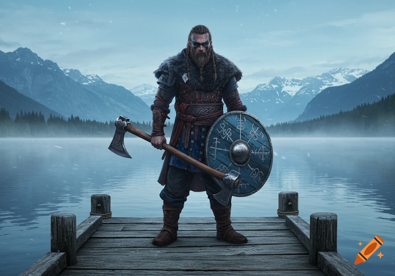A photorealistic image of a Viking warrior with a beard, holding an axe and a shield, standing on a dock overlooking a lake and snow-capped mountains.