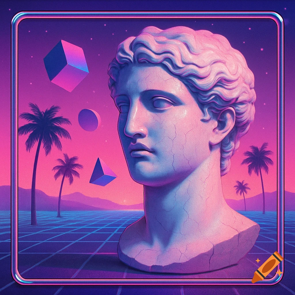 A classical bust set against a vibrant pink and purple vaporwave landscape with palm trees, a grid ocean, and floating geometric shapes.