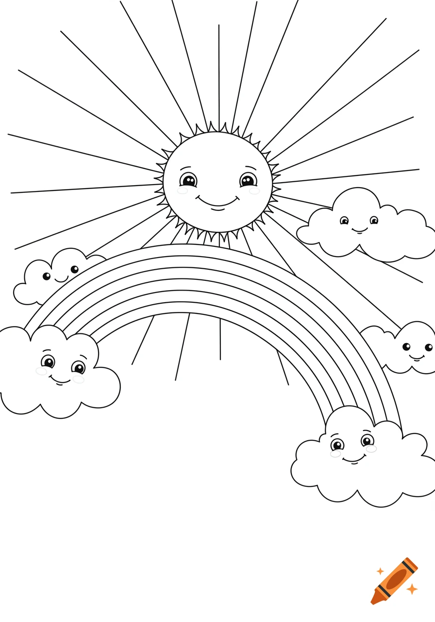 Black and white line art coloring page of a smiling sun, rainbow, and smiling clouds.