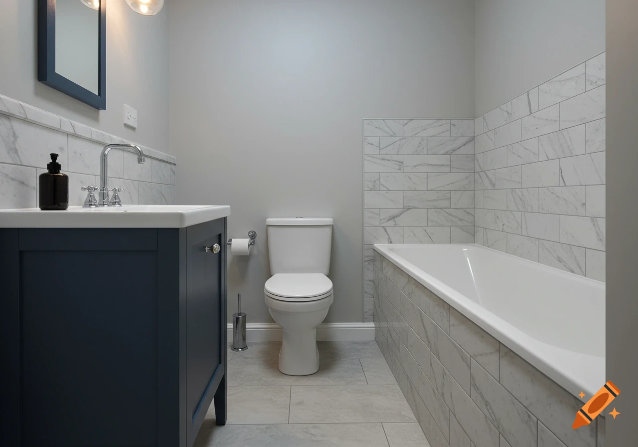 A modern bathroom featuring a dark blue shaker-style vanity with a white sink, a white toilet, and a bathtub with marble-look subway tiles. Light gray floor tiles complete the look.