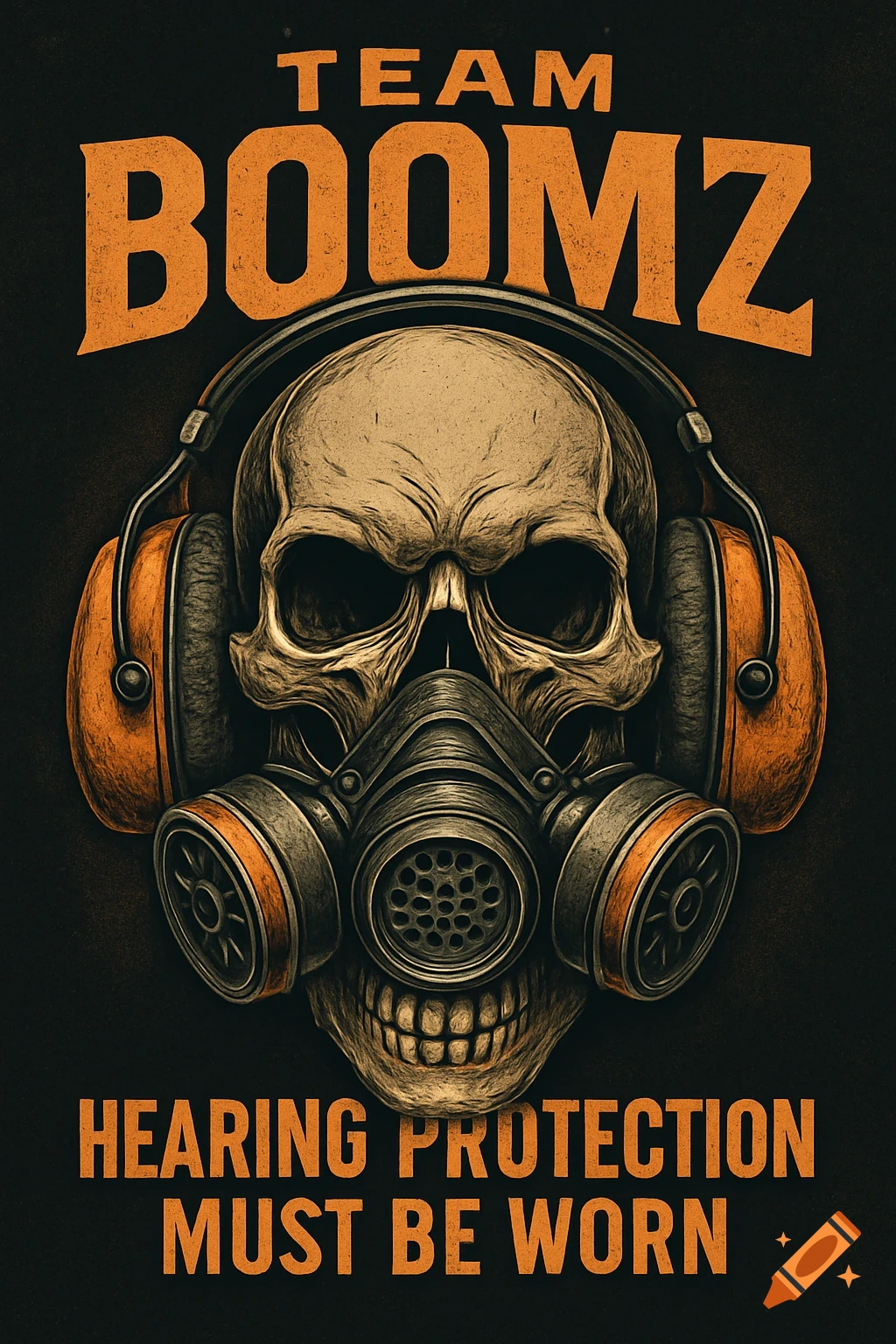 A graphic illustration of a skull wearing orange headphones and a dark gas mask, with text 'TEAM BOOMZ' and 'HEARING PROTECTION MUST BE WORN'.
