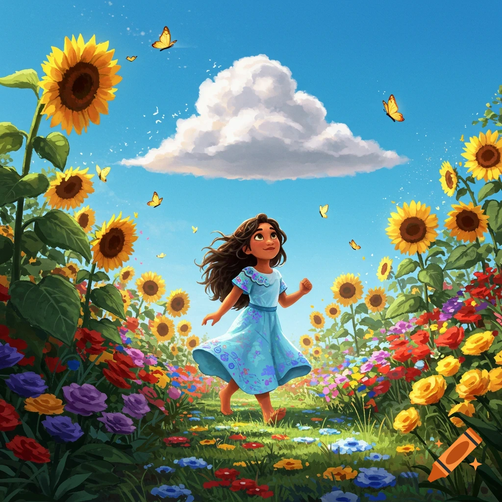 Whimsical illustration of a girl in blue dress running through vibrant field of sunflowers and colorful flowers under blue sky with butterflies.