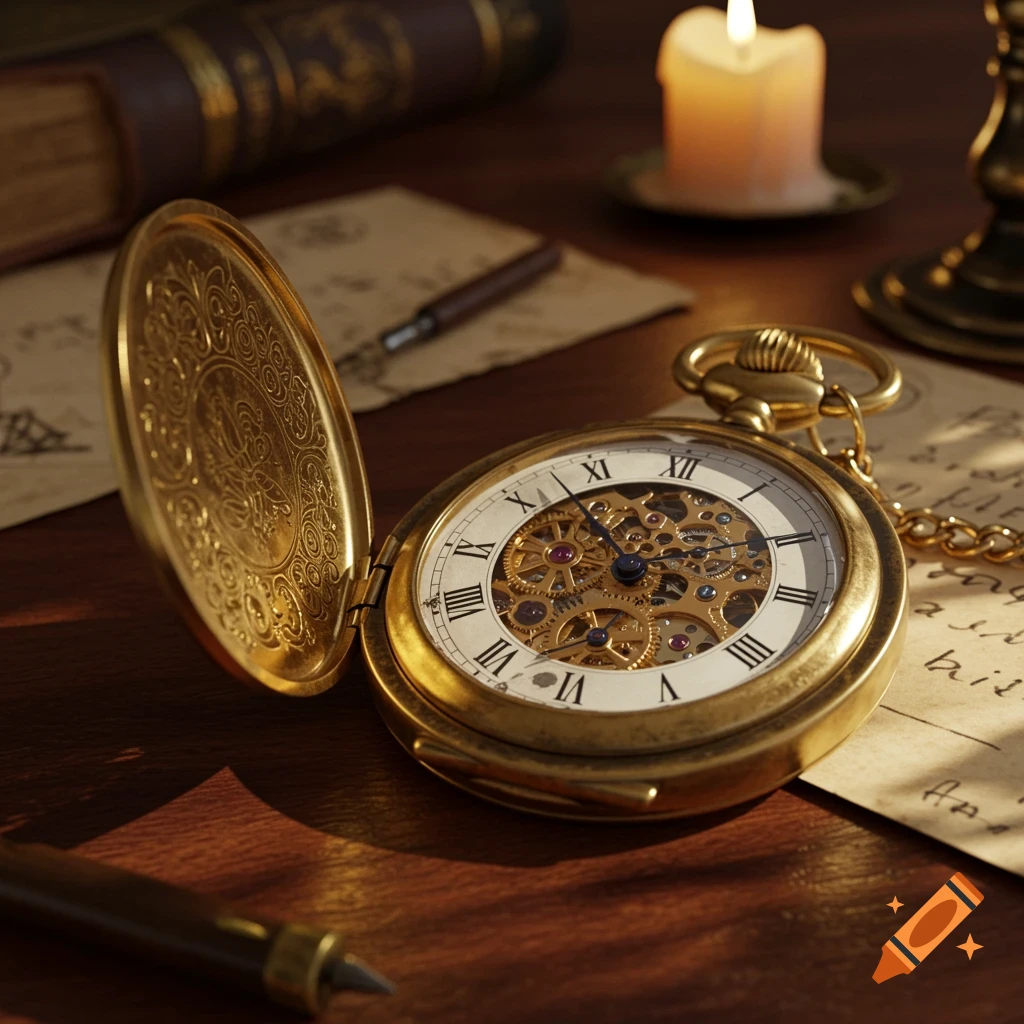 An open, ornate golden pocket watch with visible gears and Roman numerals rests on a wooden desk with a lit candle, books, and papers.