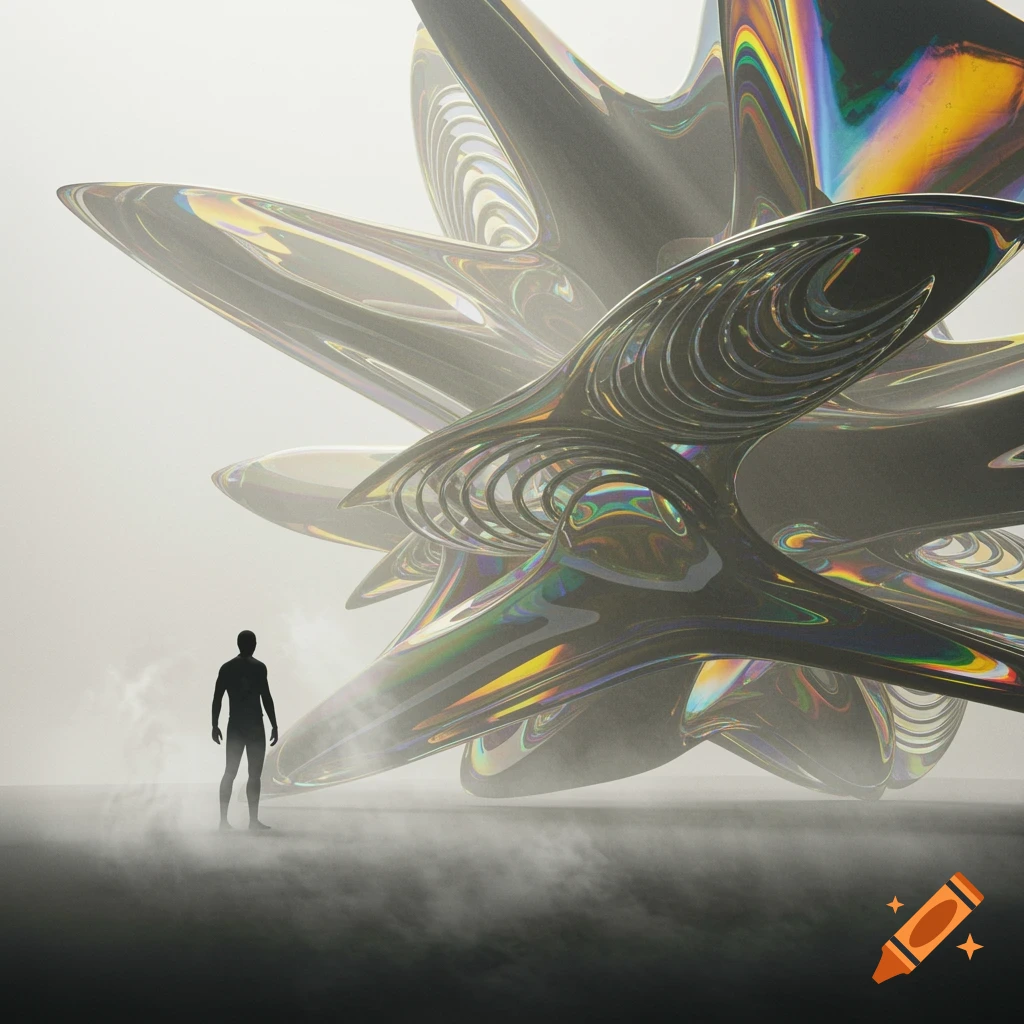 A silhouetted person stands before a large, iridescent, abstract sculpture in a misty environment.