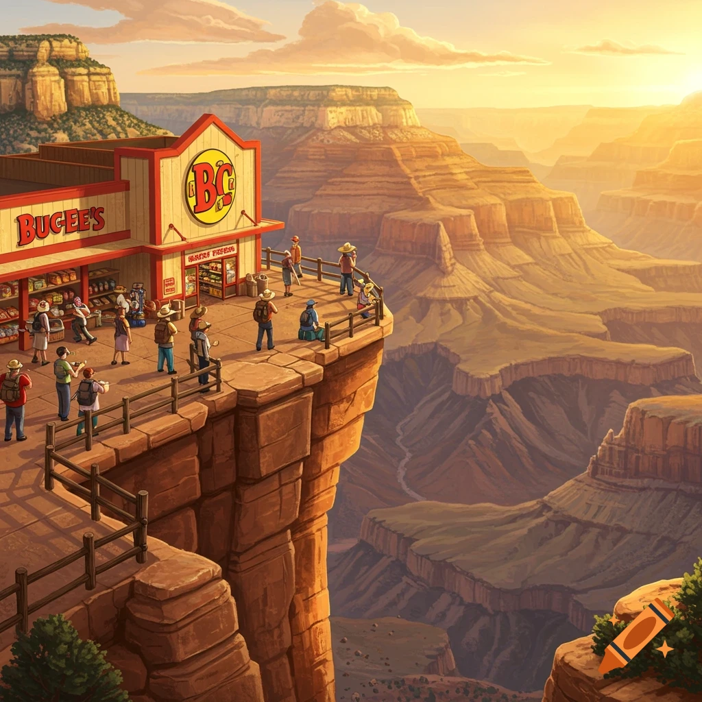 Cartoon illustration of a Buc-ee's store on the edge of the Grand Canyon at sunset, with people gathered around.