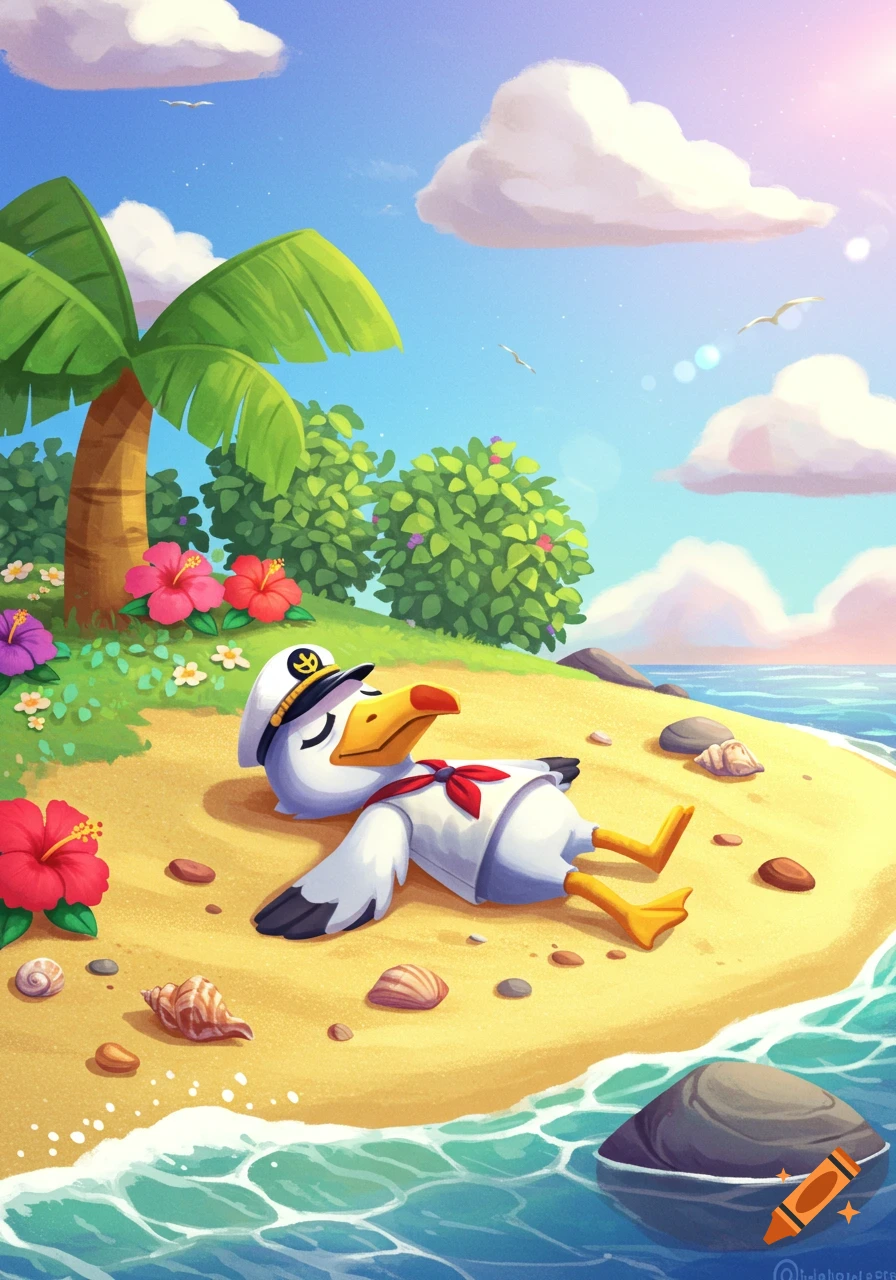 Gulliver from Animal Crossing sleeps on a sunny tropical beach with palm trees and ocean waves in a cartoon style.