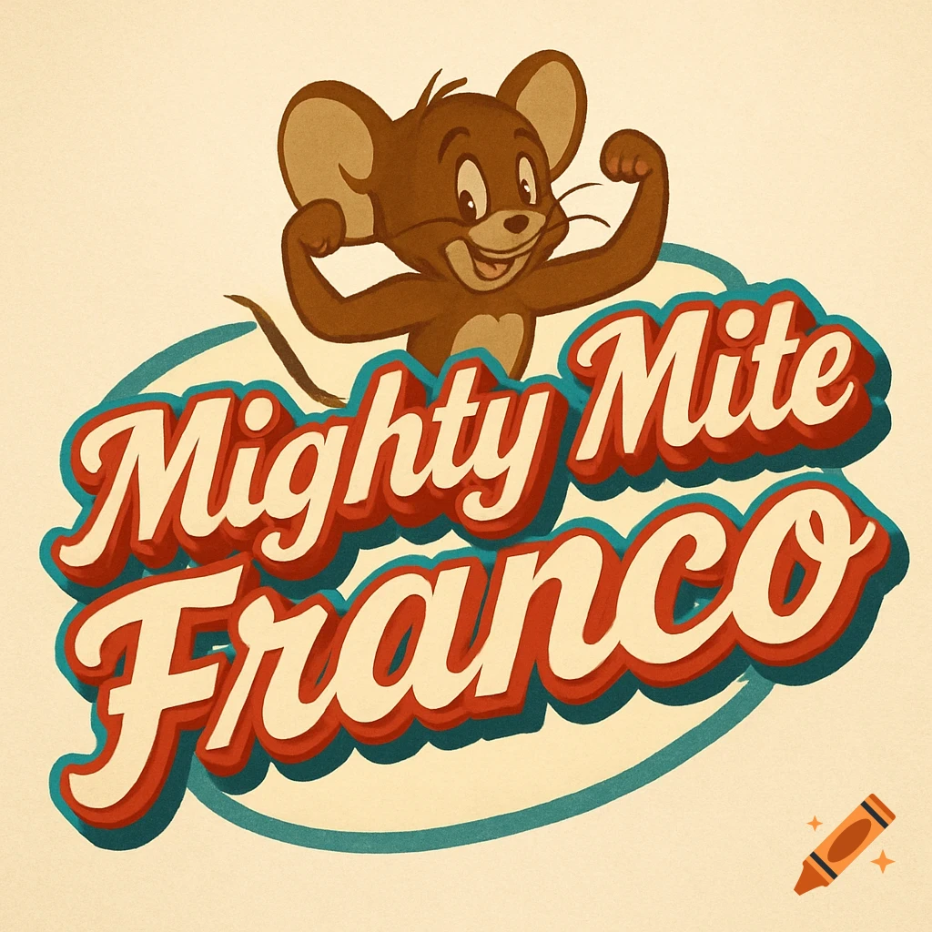 A retro 50s style logo featuring Jerry the mouse flexing muscles above the text 'Mighty Mite Franco' in red and cream script.