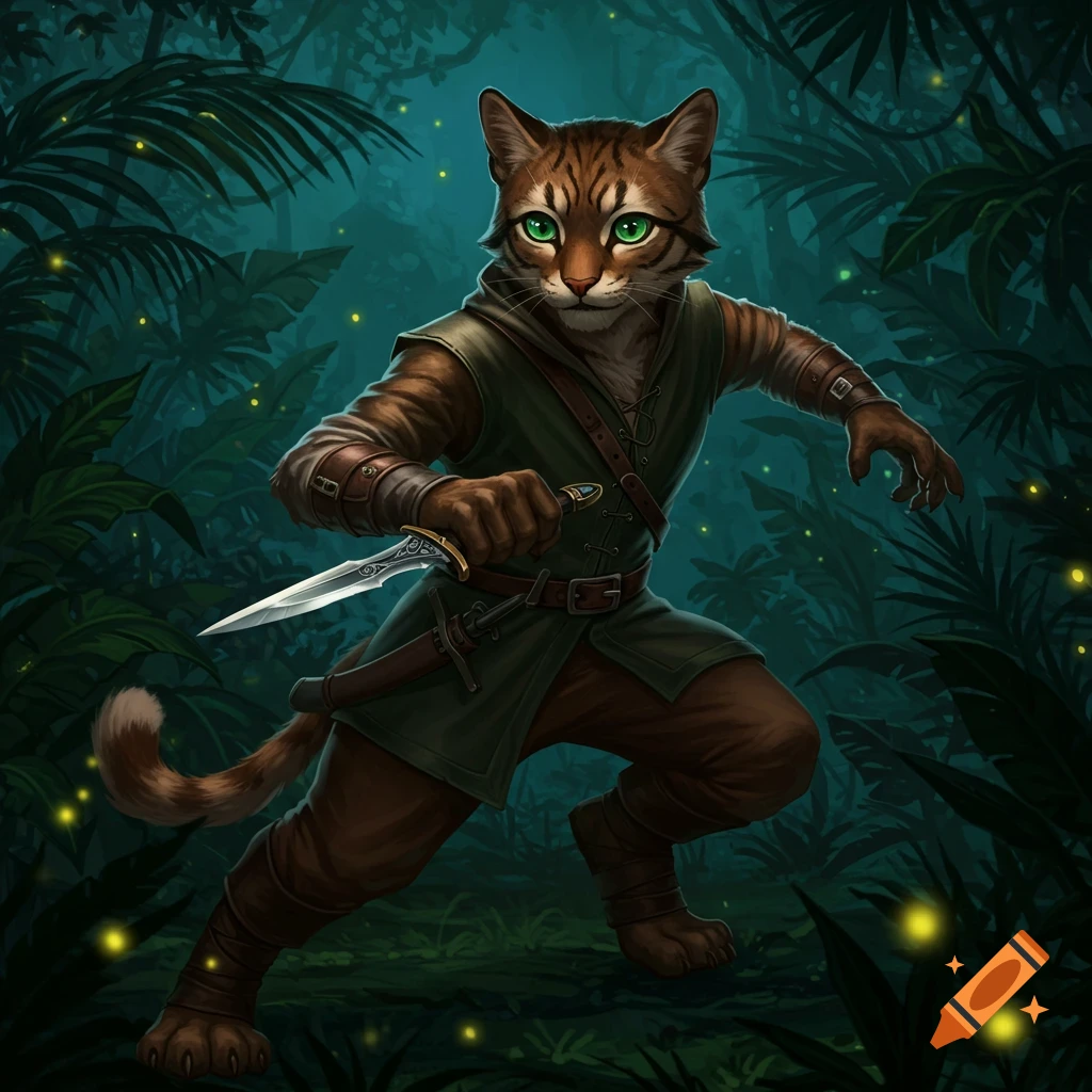 A fantasy illustration of a brown tabby tabaxi character with glowing green eyes, holding a dagger in a dark jungle.