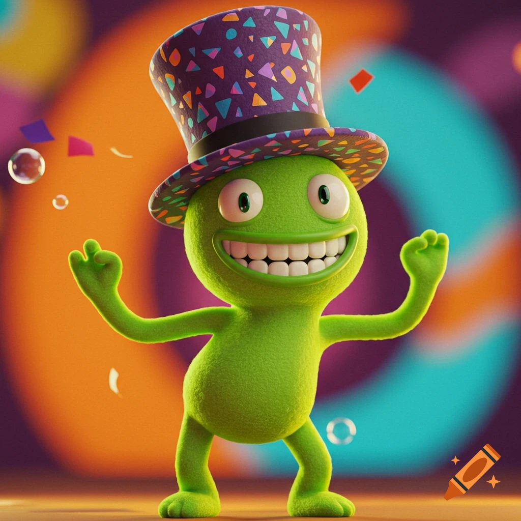 A vibrant green cartoon character wearing a colorful top hat, with a wide smile, confetti, and bubbles.