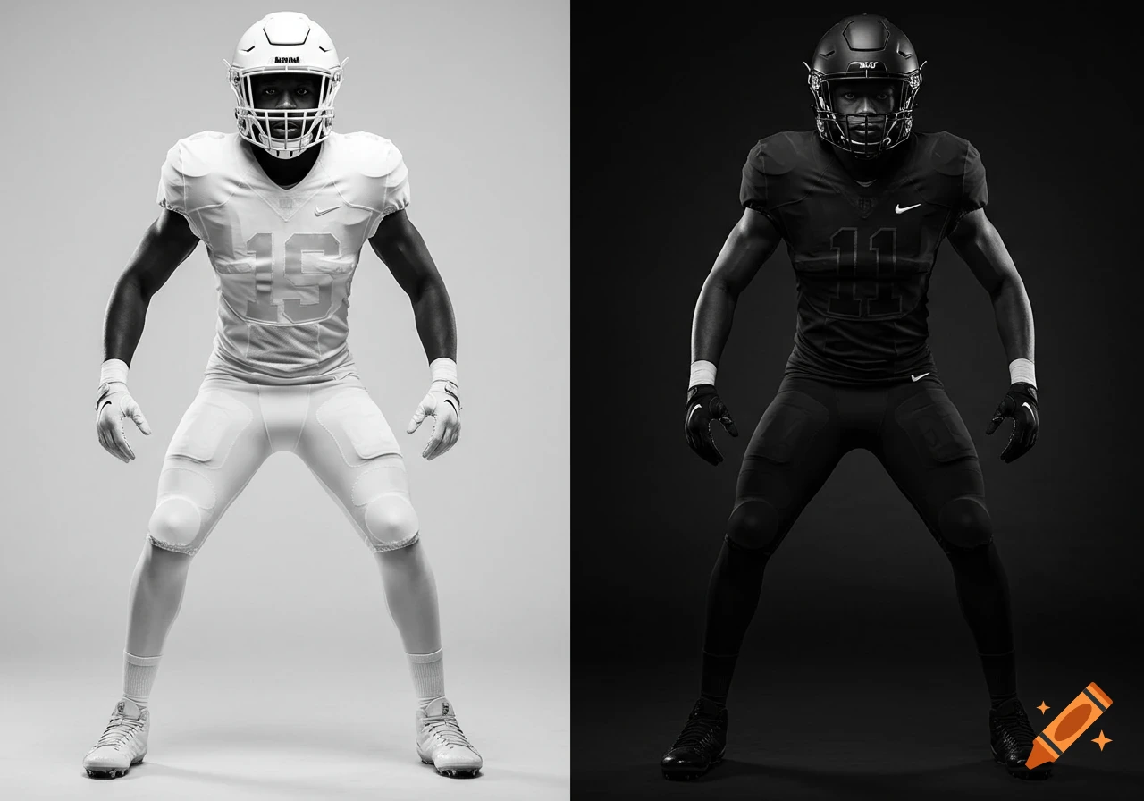 Photorealistic black and white photo of two football players in opposite colored uniforms.