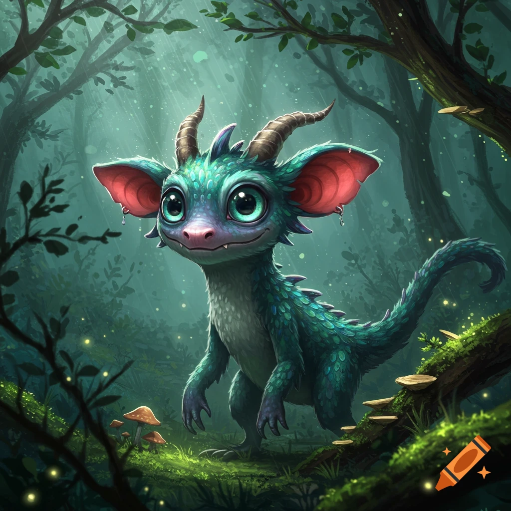 A cute, small teal dragon-like creature with big eyes and horns stands in a magical forest.