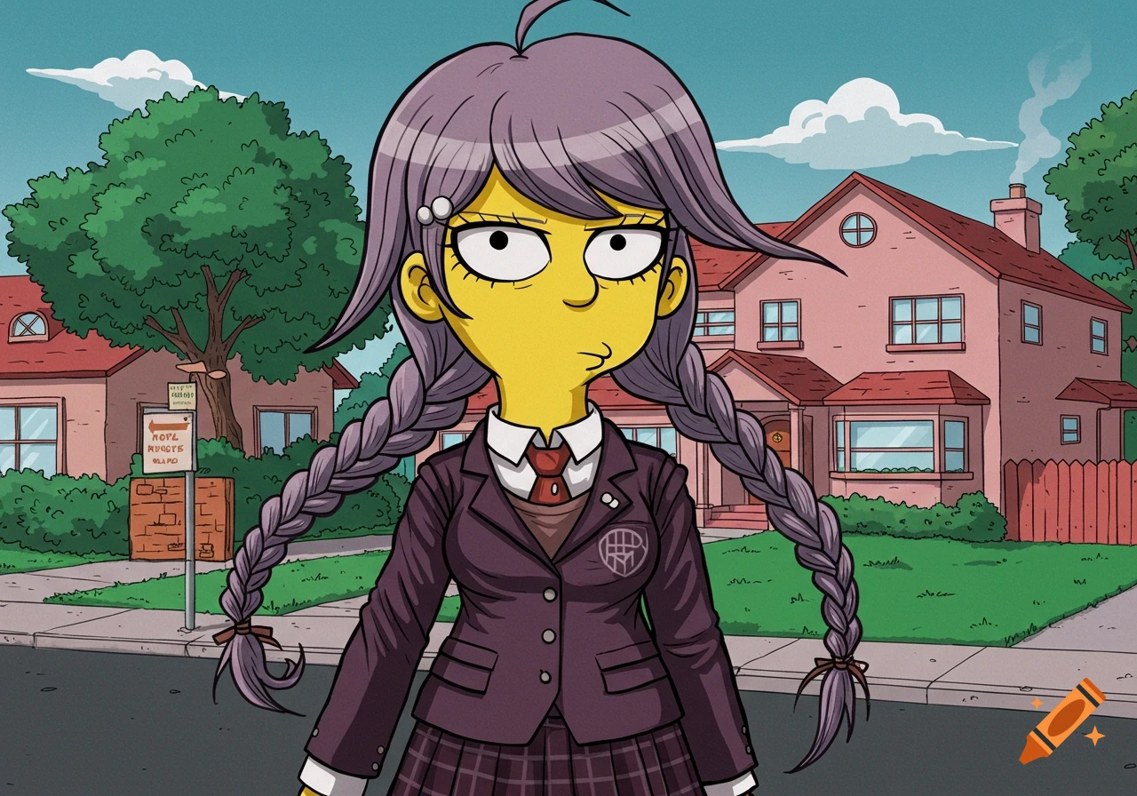 A character with purple braided hair and yellow skin in a school uniform stands on a sidewalk in a cartoon neighborhood, drawn in The Simpsons style.