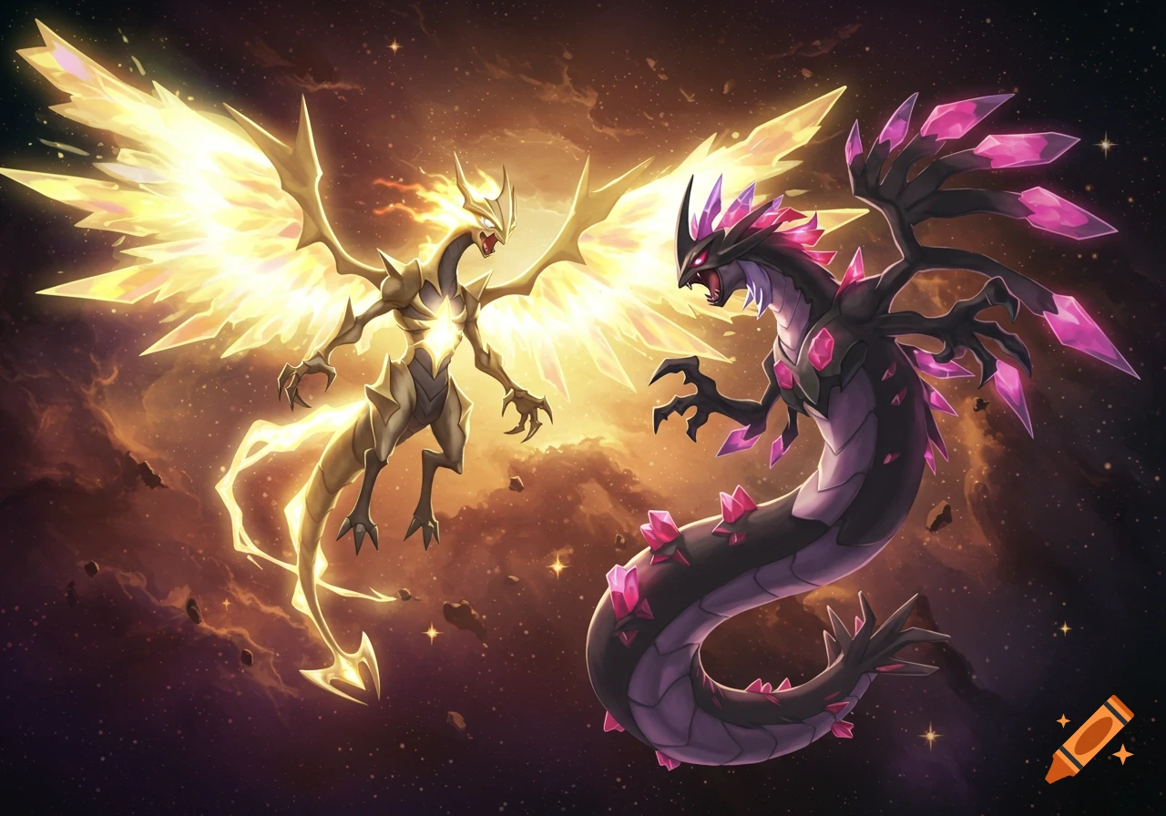 Two powerful dragon-like creatures, one golden and one dark with crystals, battle dramatically in a vibrant cosmic setting.