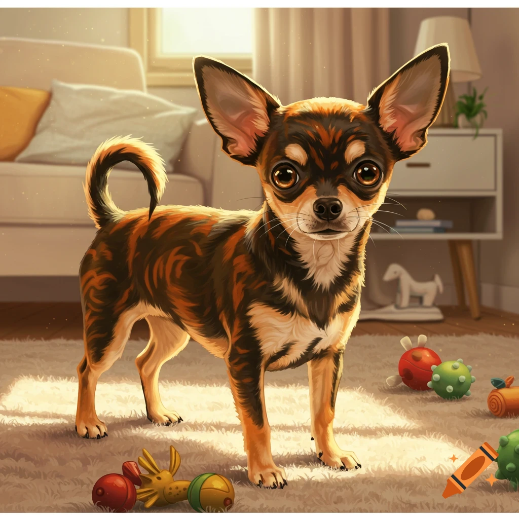 A cute, small chihuahua with black and orange fur stands on a cream-colored rug in a sunlit living room, looking directly at the viewer.