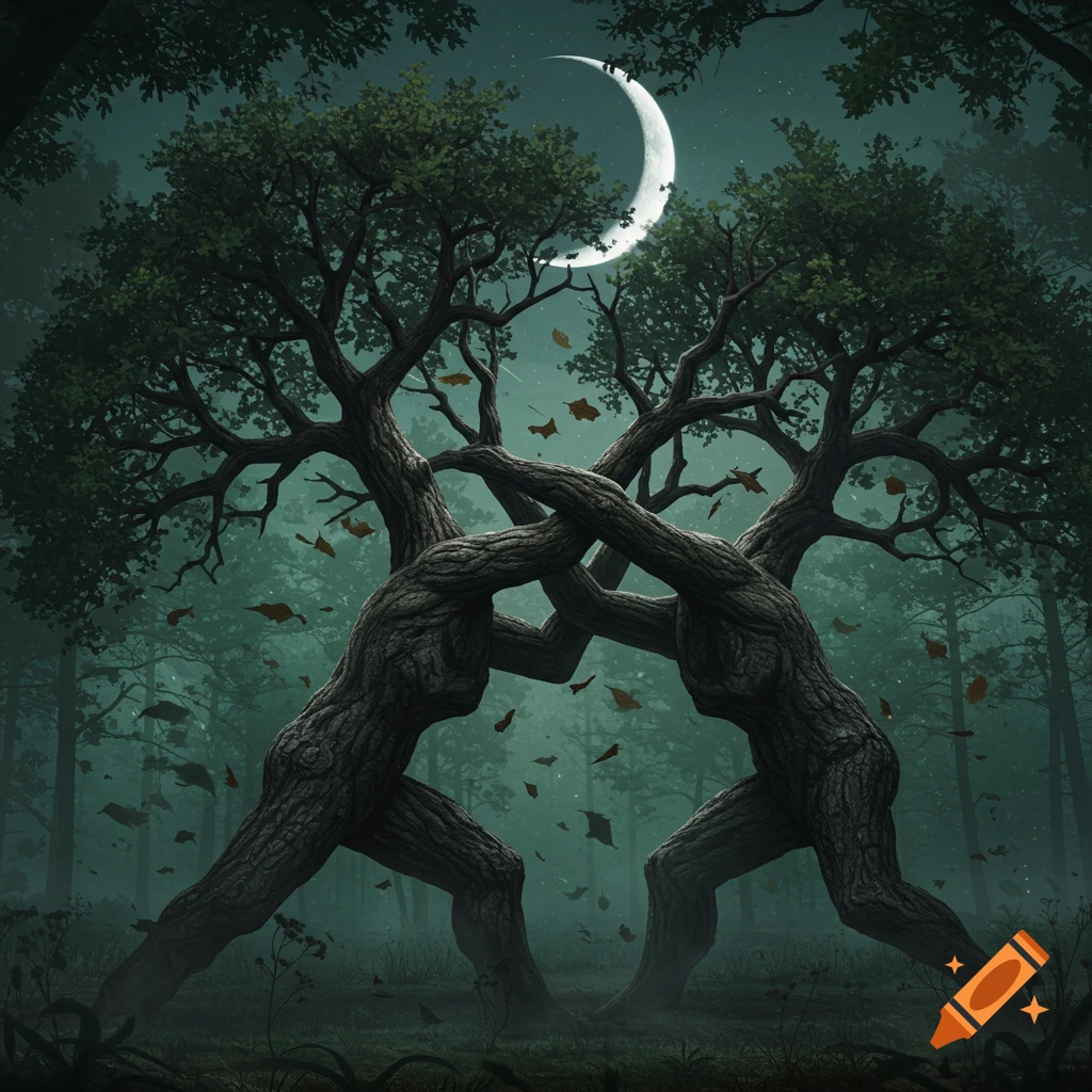 Two anthropomorphic trees with entwined branches appear to wrestle or embrace in a dark, misty forest under a crescent moon.