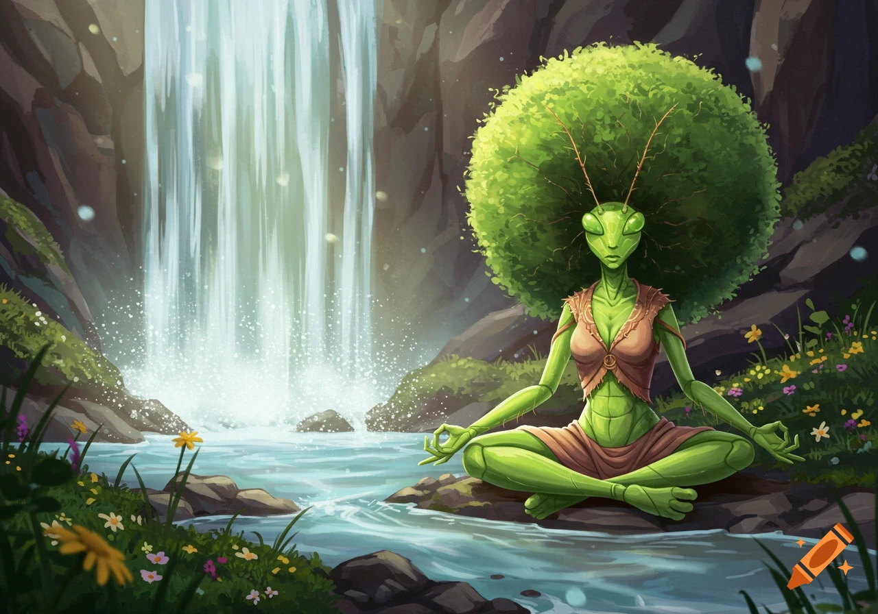 A green mantis-like creature with a large afro meditates in a lotus position by a waterfall and river in a lush 2D artwork.