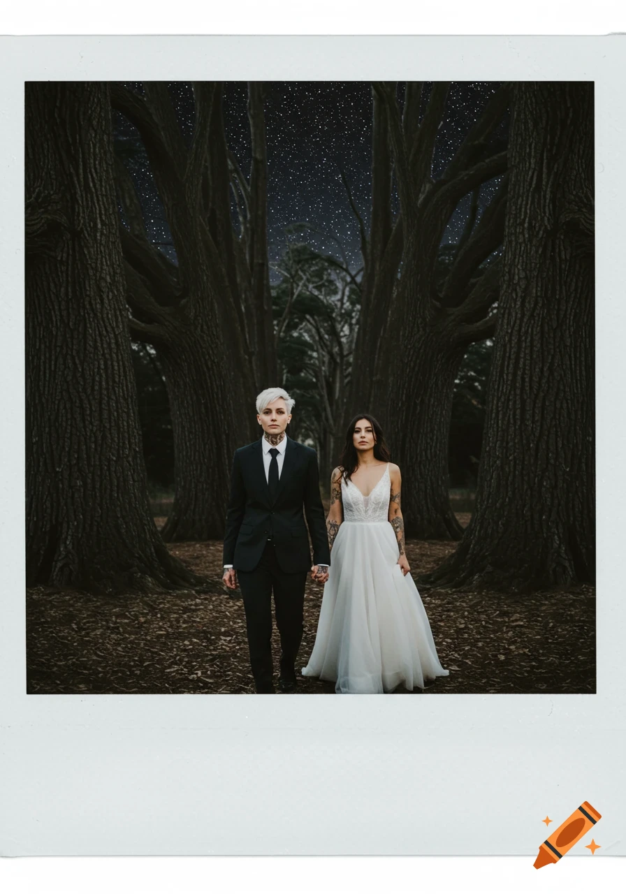 A couple, one in a black suit, one in a white dress, holding hands in a dark, enchanted forest under a starry night.