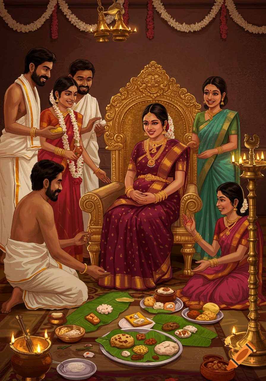 A group of people celebrating a South Indian baby shower, with a pregnant woman on a golden throne and traditional food on banana leaves in an illustrative style.