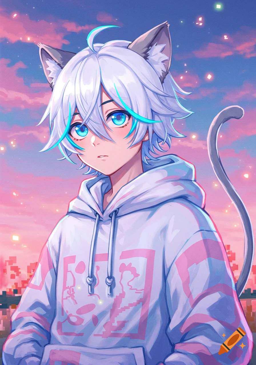 Anime character with white hair, blue eyes, cat ears, and tail, wearing a white hoodie, against a pink and blue sunset.