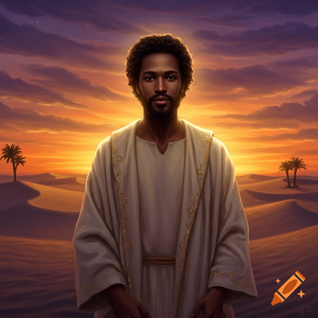 Digital painting of a dark-skinned man with an afro and beard in a white robe, standing in a desert at sunset with palm trees.