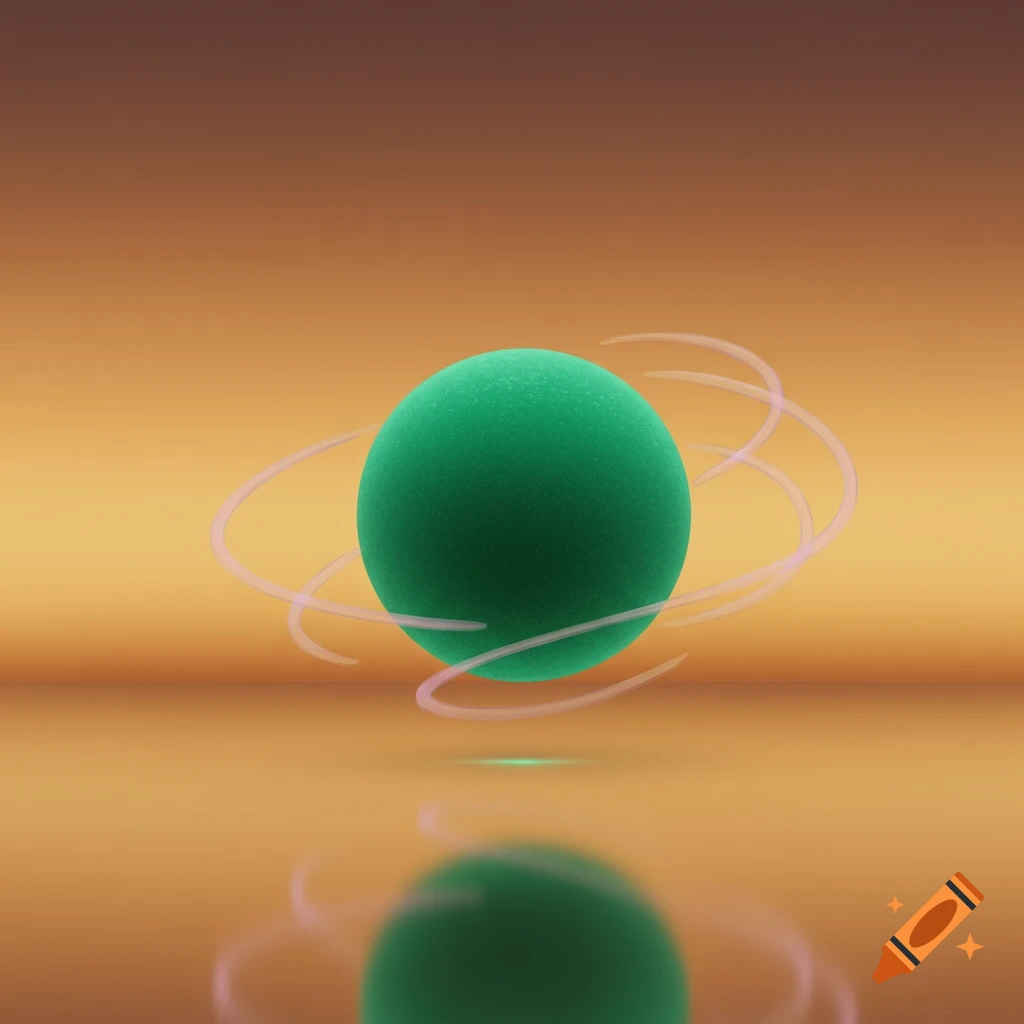 A vibrant green sphere with swirling pink lines floats above a reflective orange surface against a warm gradient background in a minimalist style.