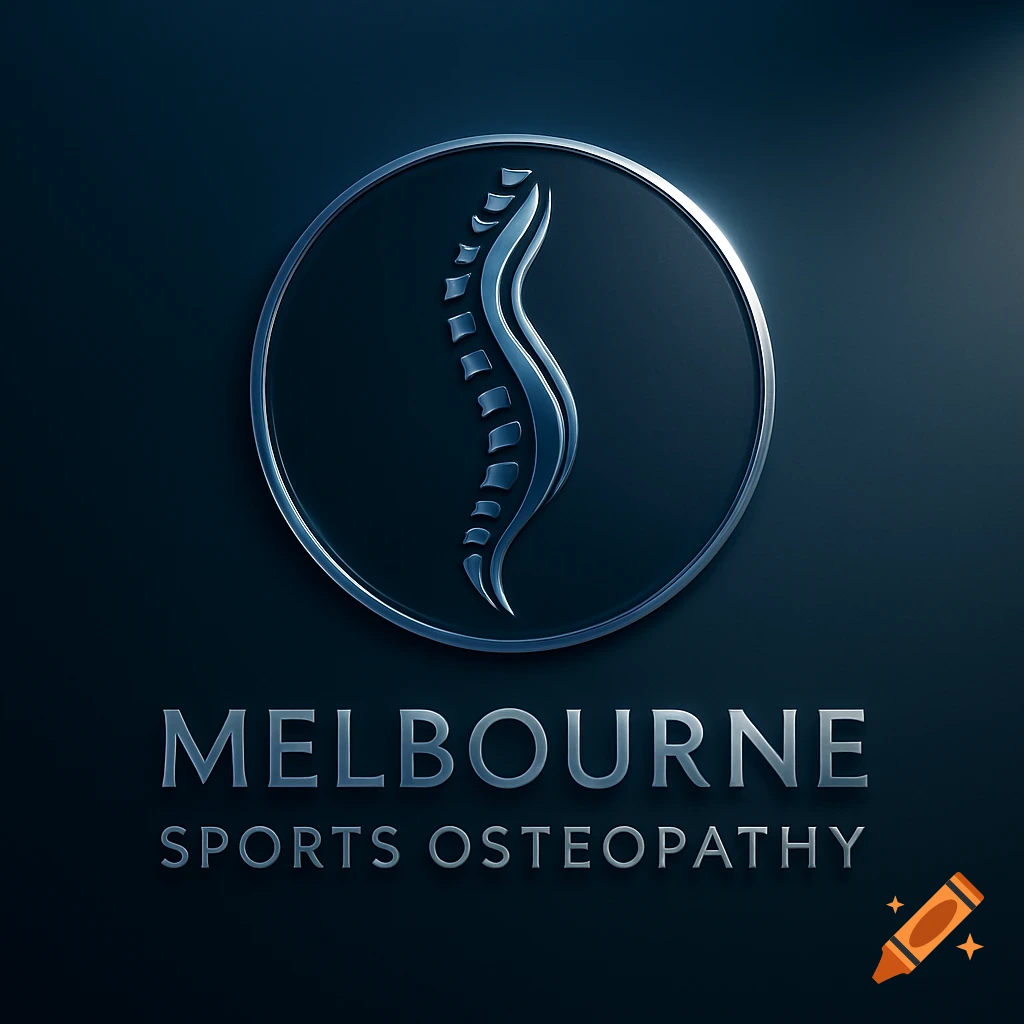 A metallic silver and dark blue logo featuring a stylized spine inside a circle, with the words "MELBOURNE SPORTS OSTEOPATHY" below it.