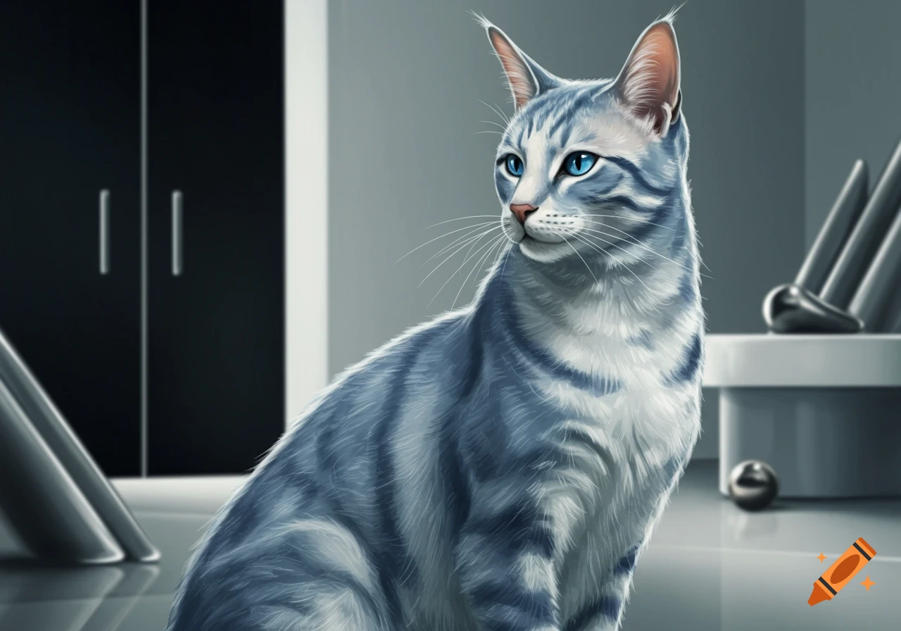 A blue and white tabby cat with bright blue eyes sits looking to the left in a modern, minimalistic setting.
