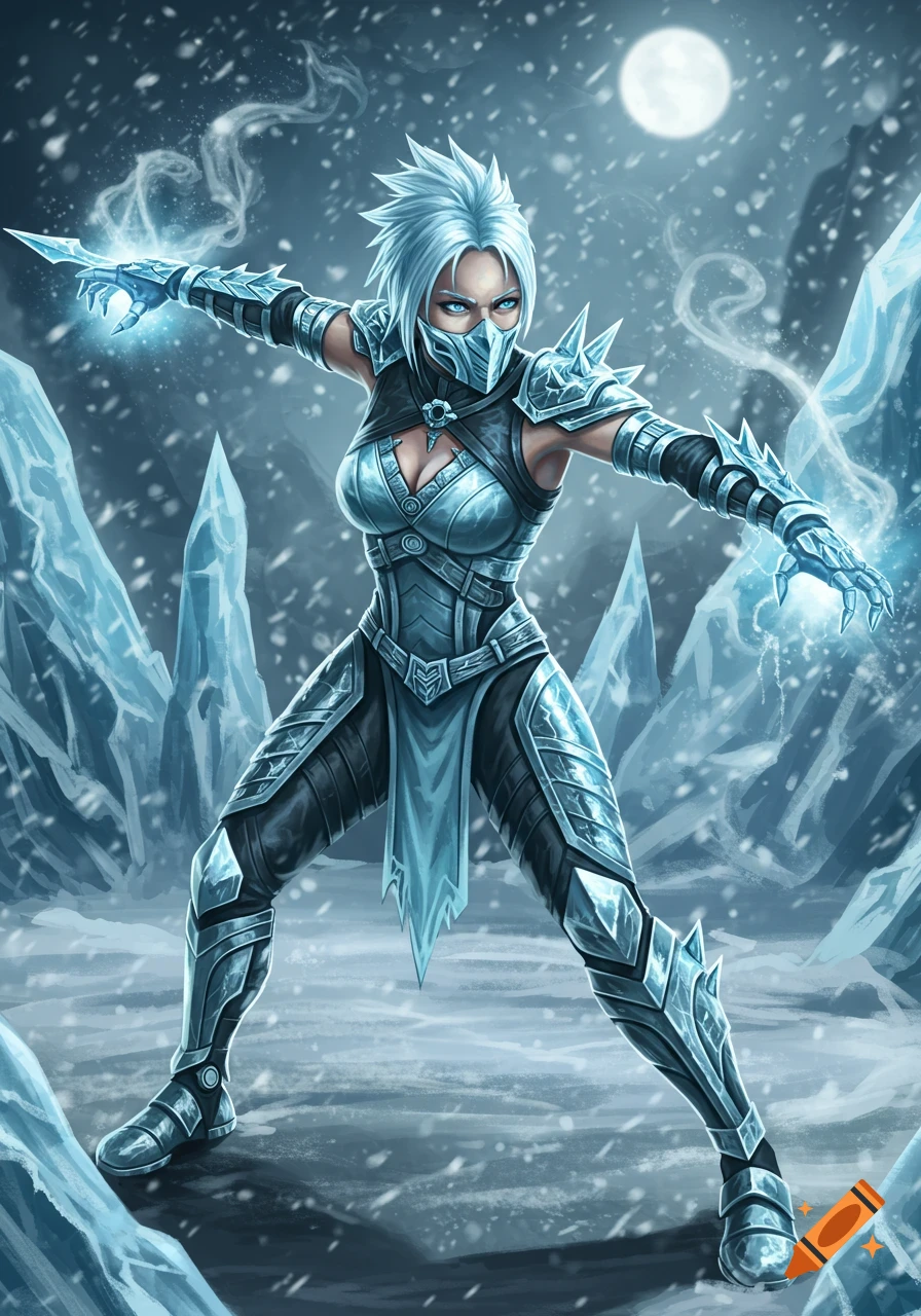 Digital illustration of Frost from Mortal Kombat, an armored woman with white hair and ice powers in a snowy landscape under a full moon.