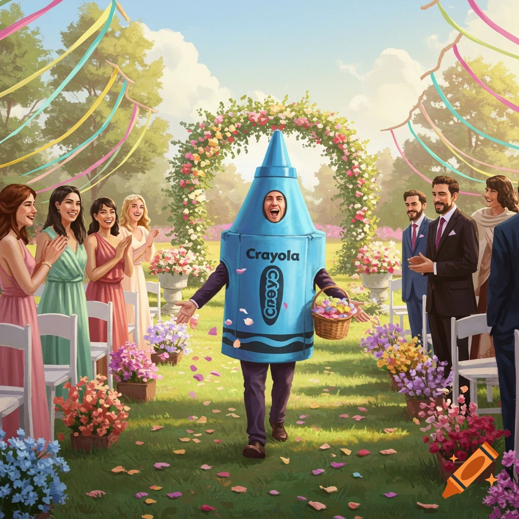 A man in a blue Crayola crayon costume walks down an aisle throwing petals at a sunny outdoor wedding, with guests watching.