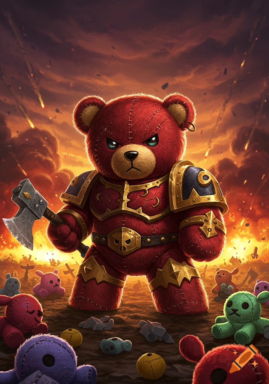 An angry red teddy bear in golden armor holds an axe amidst a fiery, apocalyptic battle scene with damaged teddy bears.