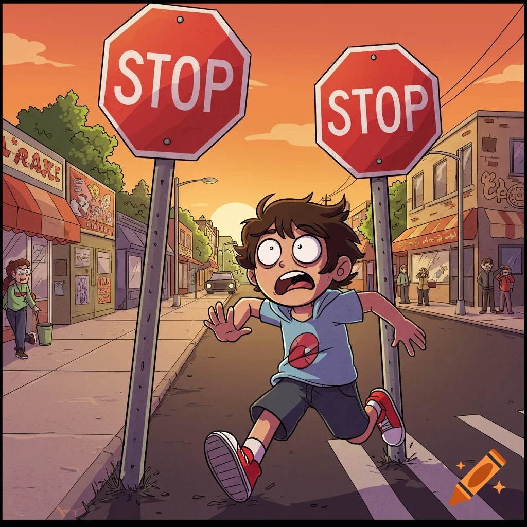 A cartoon boy with wide eyes runs across a street, looking panicked, with two red stop signs on poles in front of him. Storefronts line the street under an orange sunset.