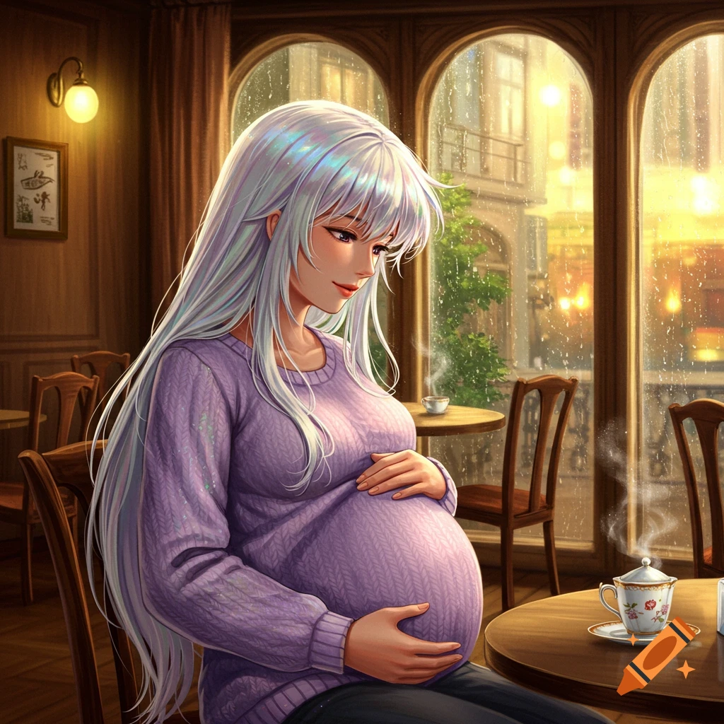 Anime illustration of a pregnant woman with long white hair in a purple sweater, sitting in a coffee shop holding her belly, with a rainy cityscape outside.