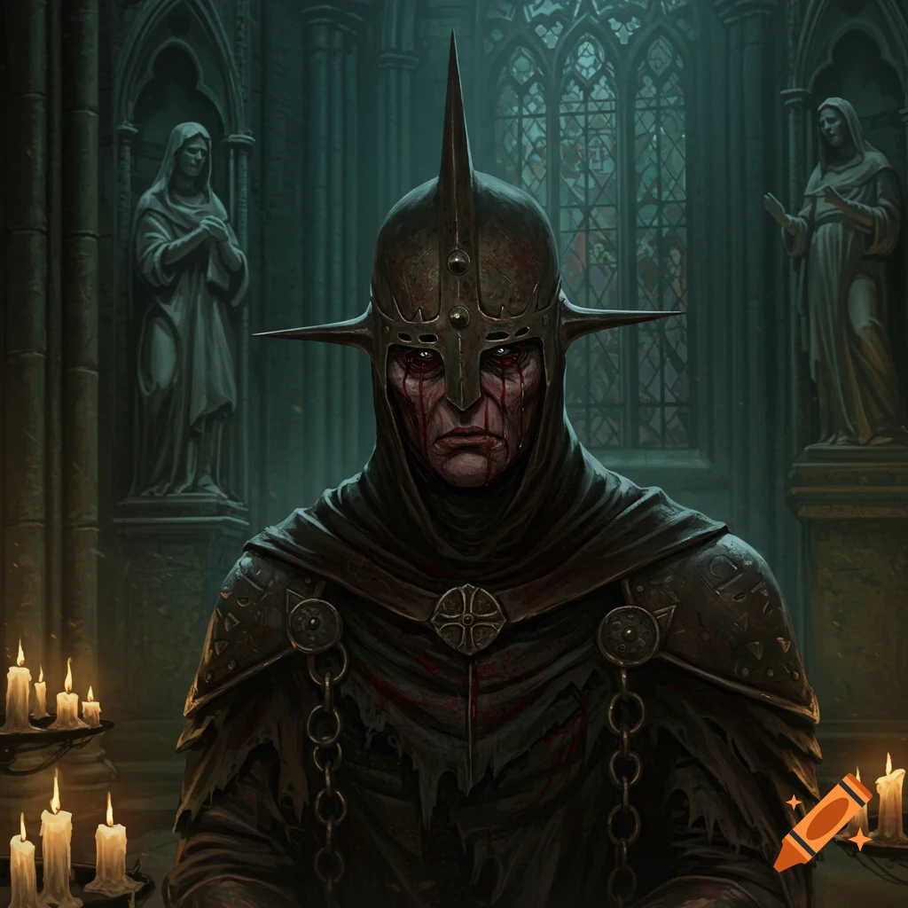 The Penitent One, a dark fantasy character, in a horned helmet with blood-like tears, wearing black robes in a gothic cathedral.