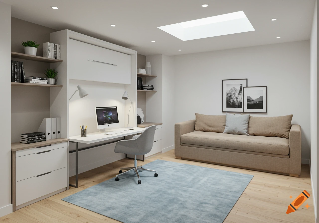 Modern minimalist room with a white office desk, grey chair, tan sofa, and light wood floor.