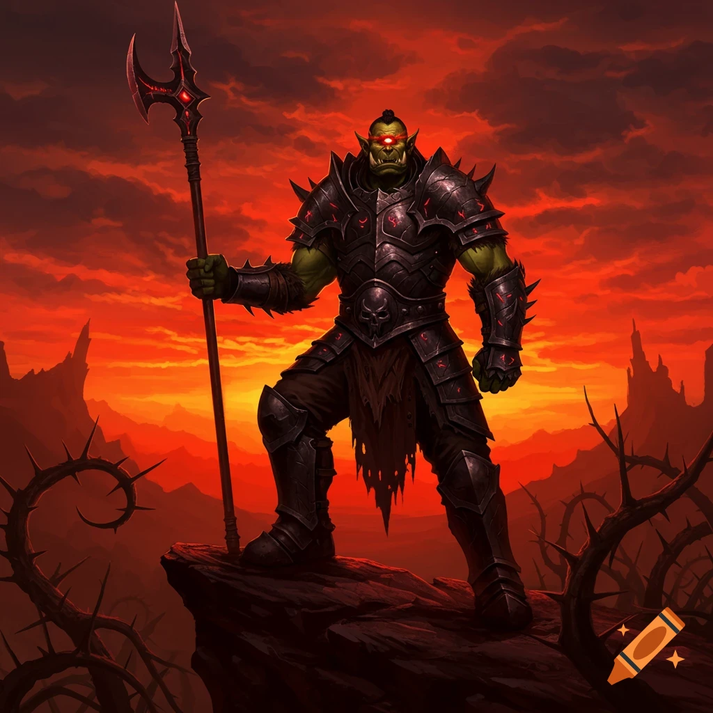 An armored orc warrior with glowing red eyes holds a large axe, standing on a rocky peak against a vibrant, fiery red and orange sky.