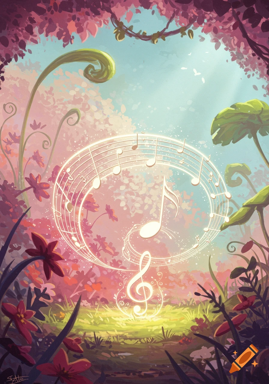 Vibrant whimsical forest with glowing musical notes floating among pink and green foliage, digital art style.