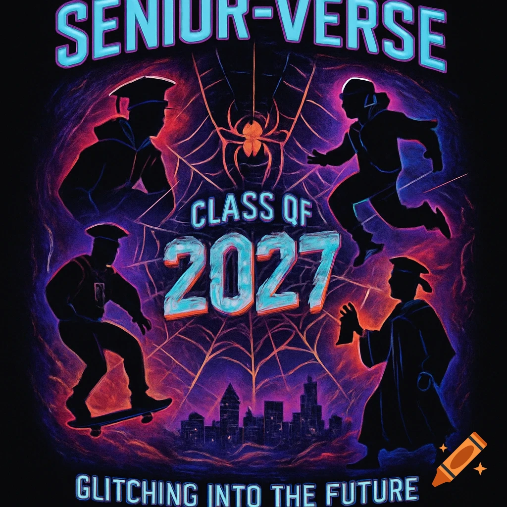 A vibrant, Spider-Verse inspired design features silhouettes of students in graduation attire and dynamic poses, set against a glowing spider web and city skyline, with text "SENIOR-VERSE CLASS OF 2027 GLITCHING INTO THE FUTURE" in neon colors.