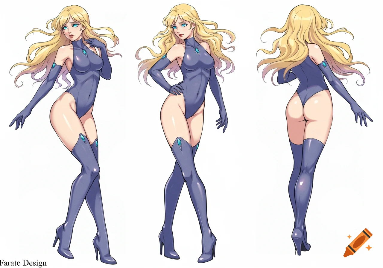 Anime character turnaround sheet of a woman with long blonde hair in a purple leotard and boots, shown from front, side, and back views.